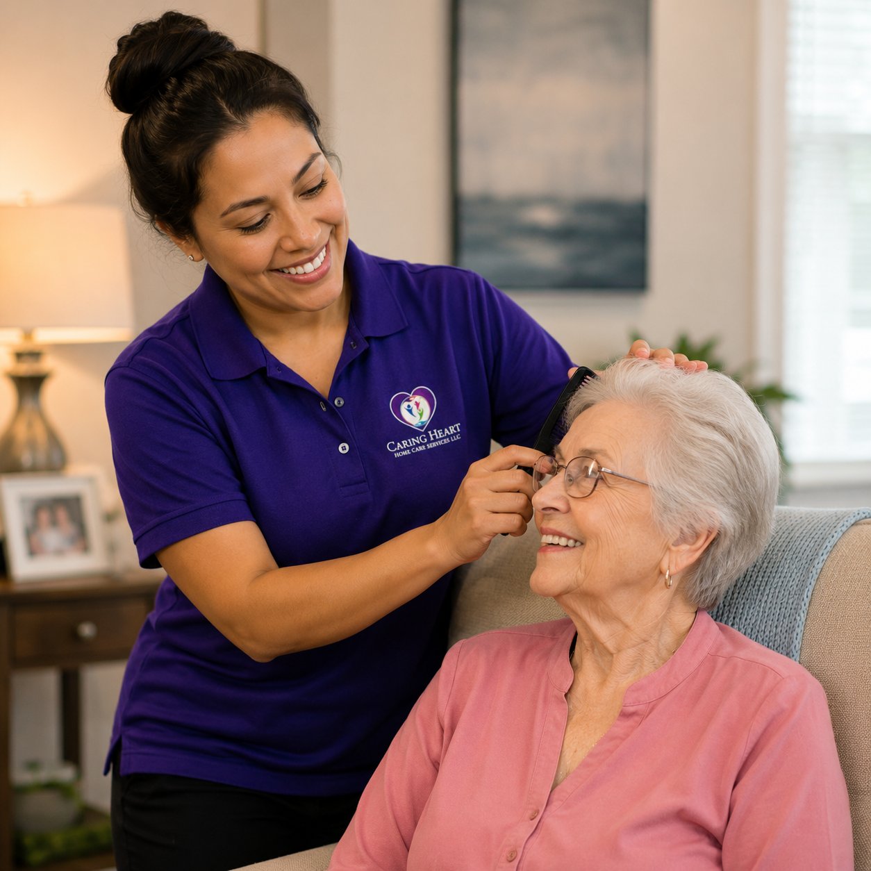 Caring Heart caregiver assisting a senior client with grooming